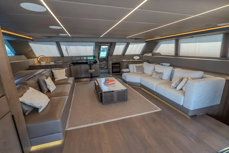  Yacht Photos Pics Luxurious interior of 2023 Sunreef 60 Power yacht with modern seating and elegant decor.