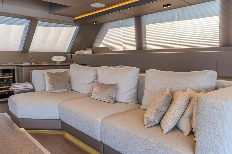  Yacht Photos Pics Luxurious interior of 2023 Sunreef 60 Power yacht with plush seating and modern decor.