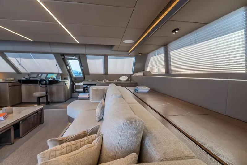  Yacht Photos Pics Luxurious interior of 2023 Sunreef 60 Power yacht with modern design and plush seating.