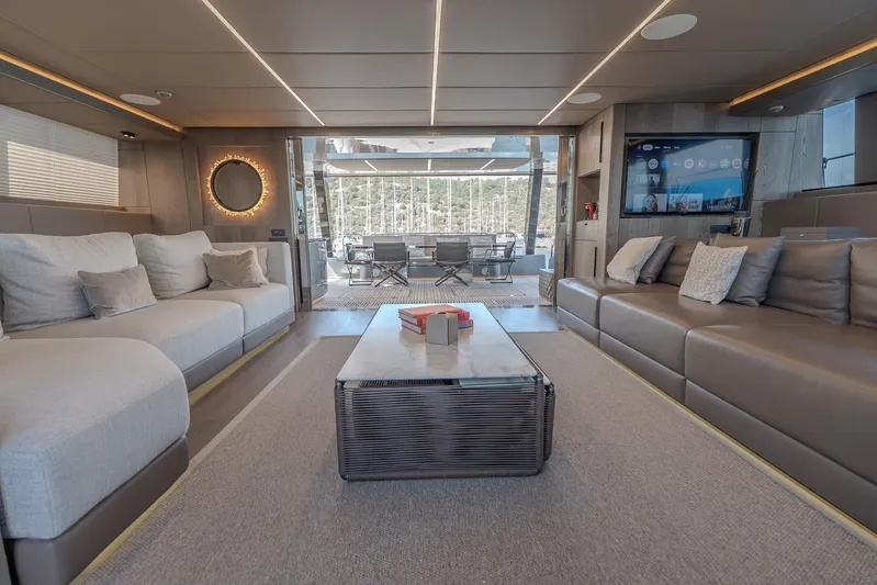  Yacht Photos Pics Luxurious interior of 2023 Sunreef 60 Power yacht with modern seating and elegant decor.