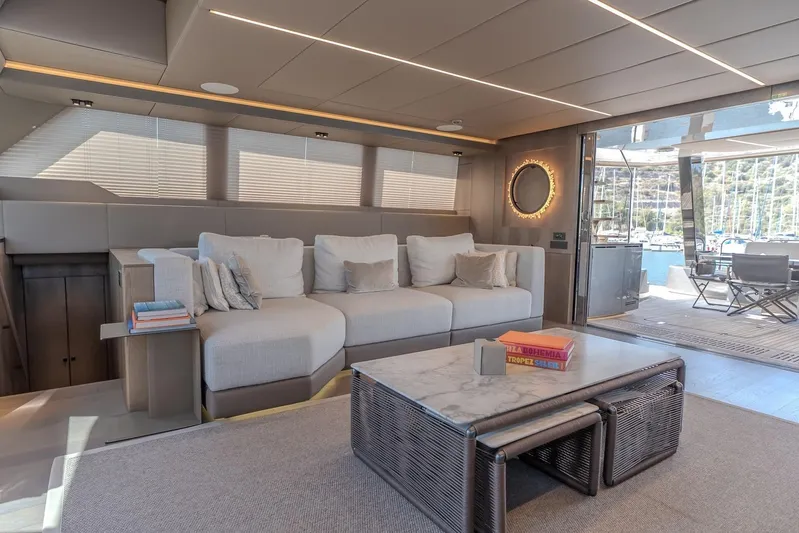  Yacht Photos Pics Luxurious interior of 2023 Sunreef 60 Power yacht with elegant seating and modern decor.
