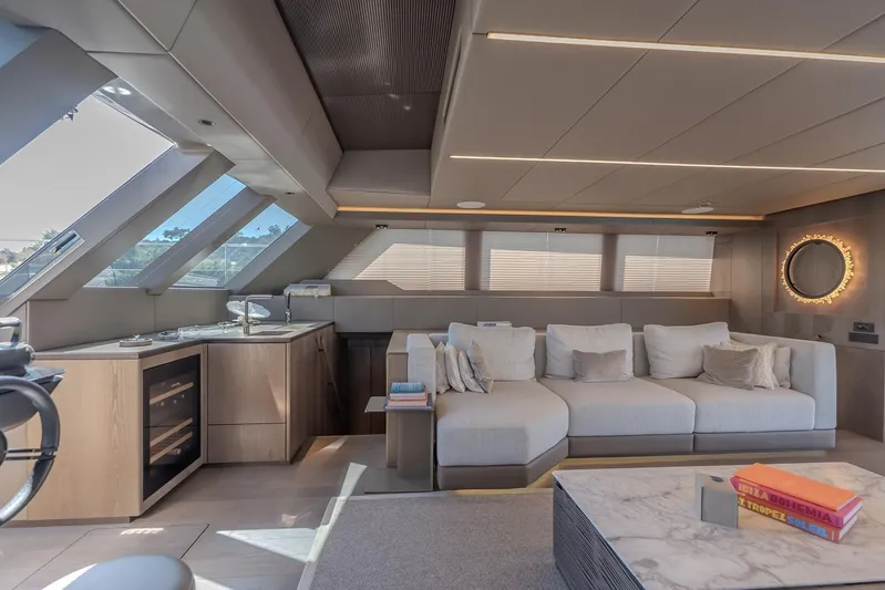  Yacht Photos Pics Luxurious interior of 2023 Sunreef 60 Power yacht with modern seating and elegant decor.
