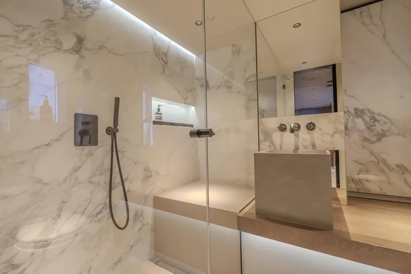  Yacht Photos Pics Luxurious marble bathroom interior on 2023 Sunreef 60 Power yacht.