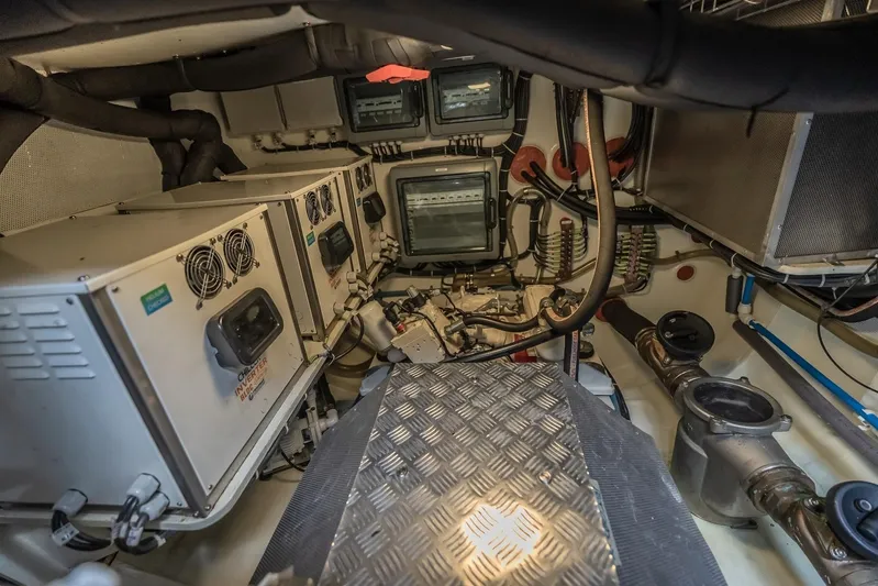  Yacht Photos Pics Engine room of 2023 Sunreef 60 Power yacht with control panels and equipment.