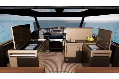 Yacht Photos Pics Luxury outdoor kitchen on 2025 Fjord 53 XL yacht with modern amenities.