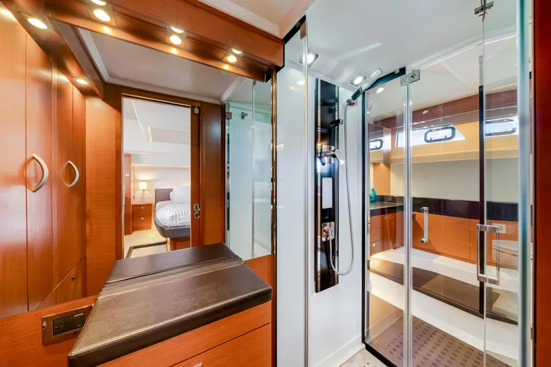 Our Trade Yacht Photos Pics Luxurious 2017 Prestige 560 yacht interior with modern bathroom and bedroom view.