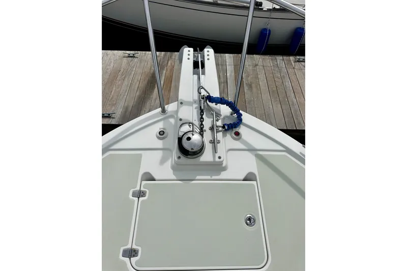 Sull Mates Yacht Photos Pics Bow of 2019 Back Cove 37 boat with anchor and deck details.
