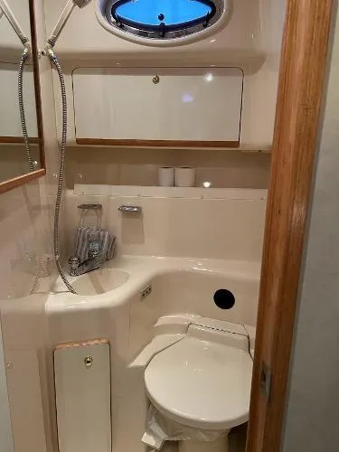 Fresh Water 450 Sundancer Yacht Photos Pics 1997 Sea Ray 450 Sundancer bathroom with shower, sink, and toilet.