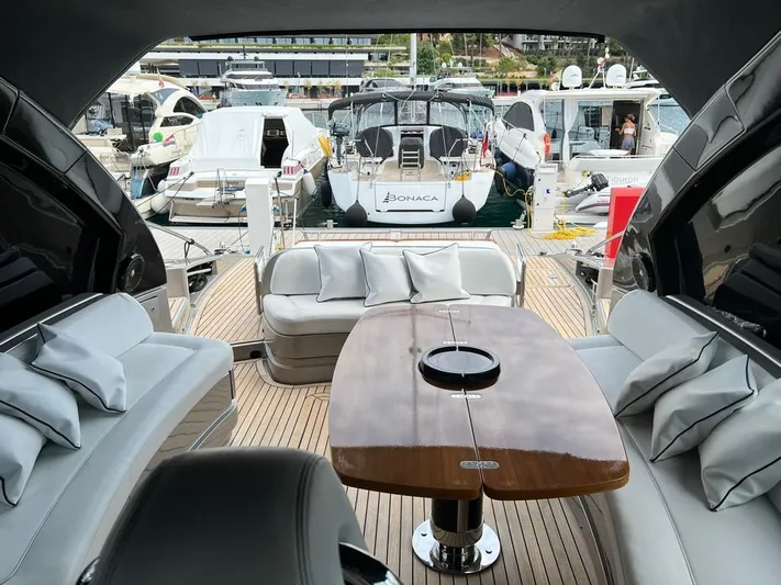  Yacht Photos Pics Luxurious 2010 Riva Vertigo 63 yacht interior with elegant seating and wooden table.