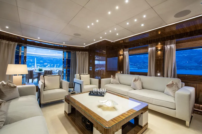 Okko Yacht Photos Pics Luxurious interior of 2013 Mondomarine 41M yacht with elegant seating and scenic views.