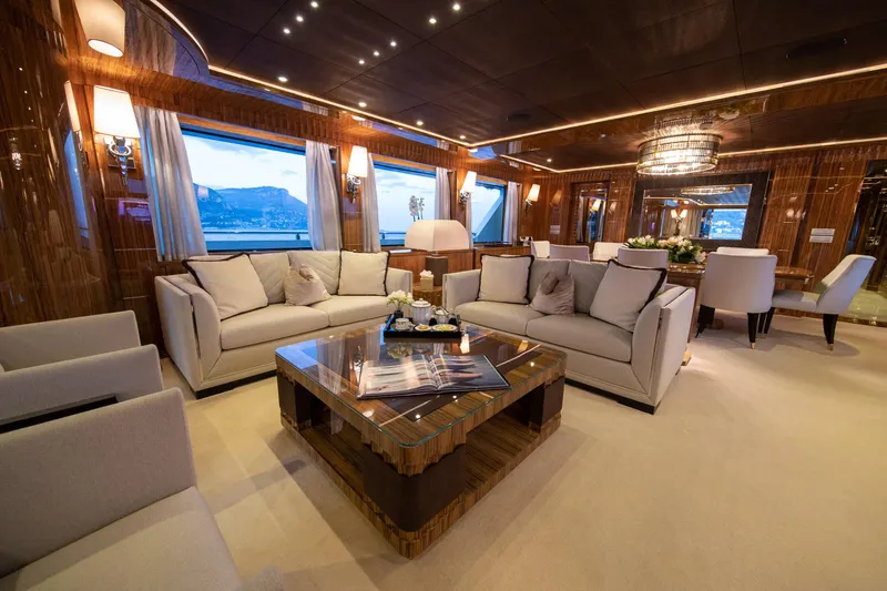 Okko Yacht Photos Pics Luxurious interior of 2013 Mondomarine 41M yacht with elegant seating and decor.