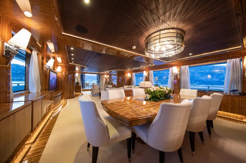 Okko Yacht Photos Pics Luxurious interior of 2013 Mondomarine 41M yacht with elegant dining area and panoramic views.