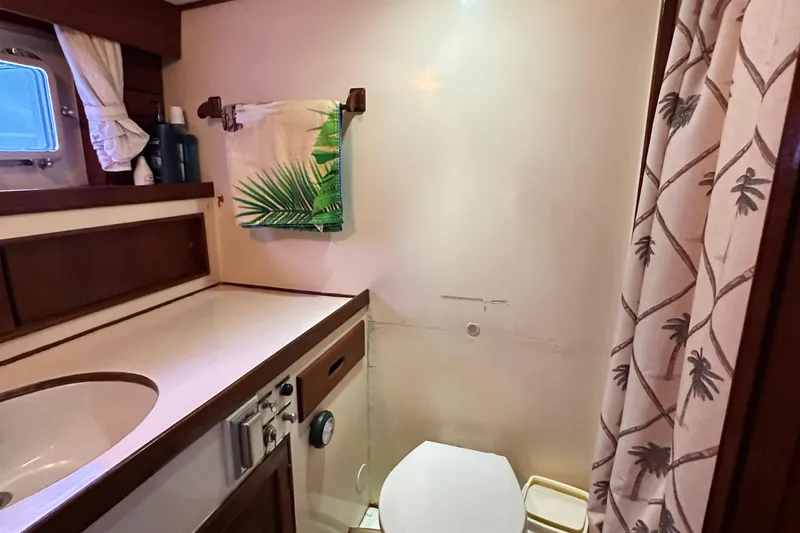Maren Yacht Photos Pics 1980 Island Gypsy yacht bathroom with sink, toilet, and tropical-themed decor.