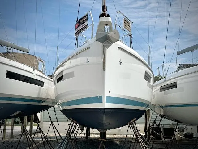 In Stock 440 #442 Yacht Photos Pics 2023 Jeanneau Sun Odyssey 440 sailboat on stands, ready for launch.