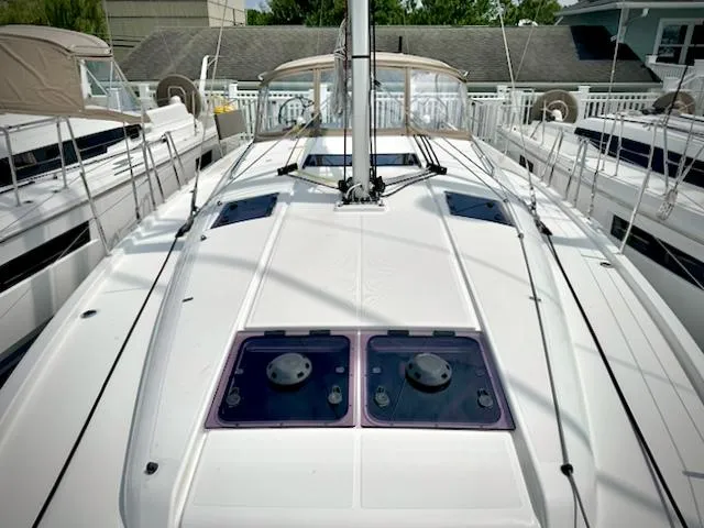In Stock 440 #442 Yacht Photos Pics 2023 Jeanneau Sun Odyssey 440 sailboat deck with sleek design and modern features.