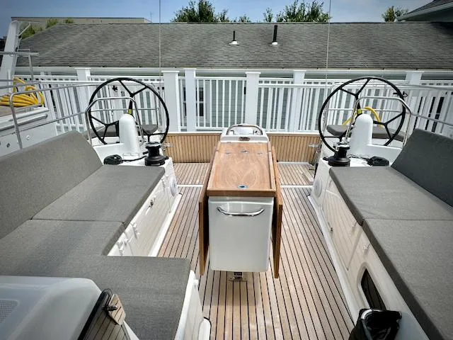 In Stock 440 #442 Yacht Photos Pics 2023 Jeanneau Sun Odyssey 440 yacht deck with dual steering wheels and seating.