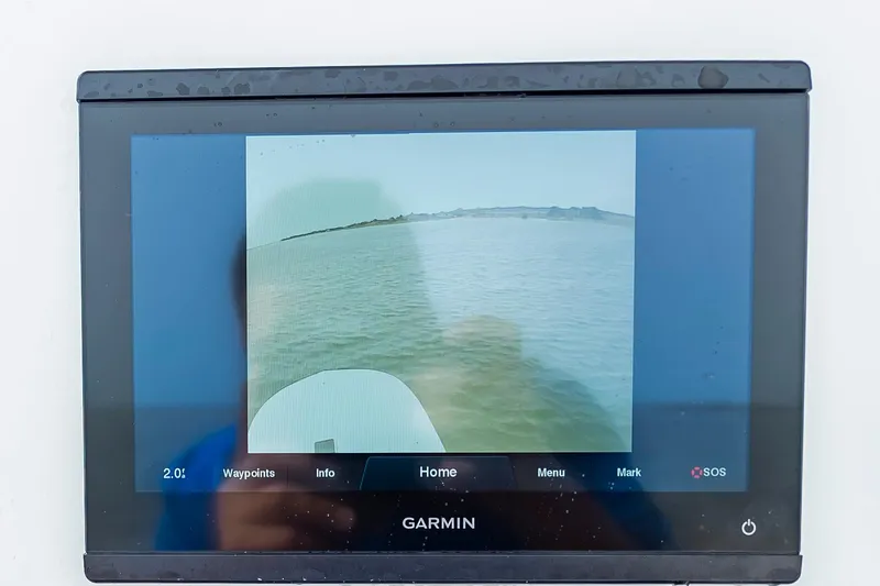 Fish Repellent Yacht Photos Pics Garmin marine display on 2000 Jarrett Bay 54 Convertible, showing waterway navigation.