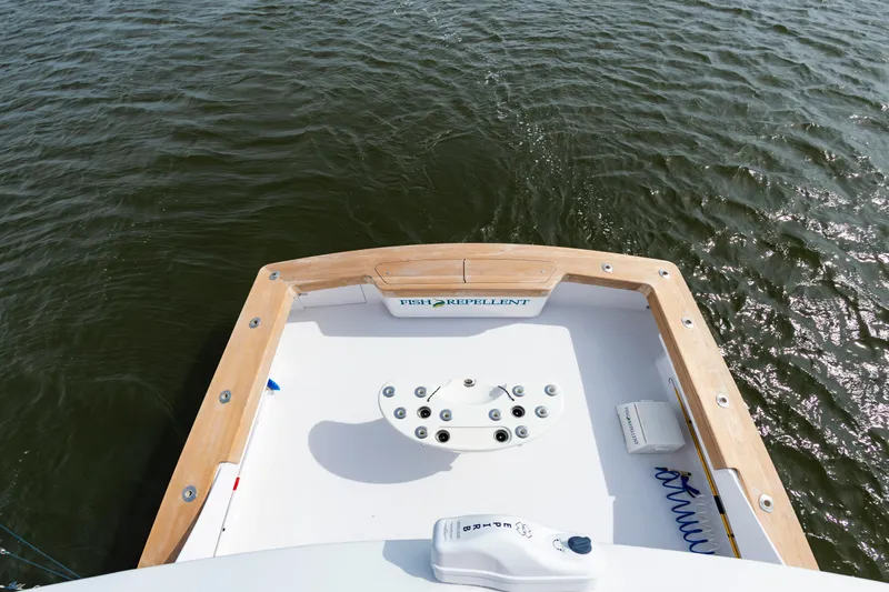 Fish Repellent Yacht Photos Pics Jarrett Bay 54 Convertible 2000 boat deck overlooking water.