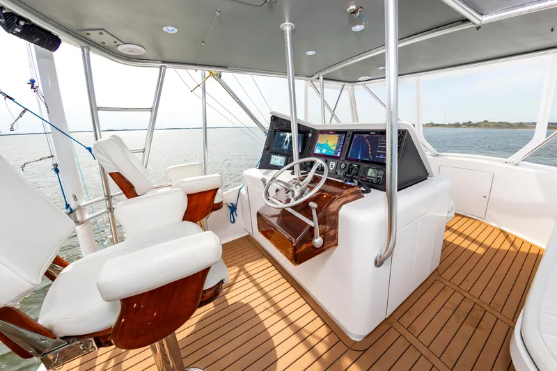 Fish Repellent Yacht Photos Pics Interior of 2000 Jarrett Bay 54 Convertible yacht with modern helm and seating.