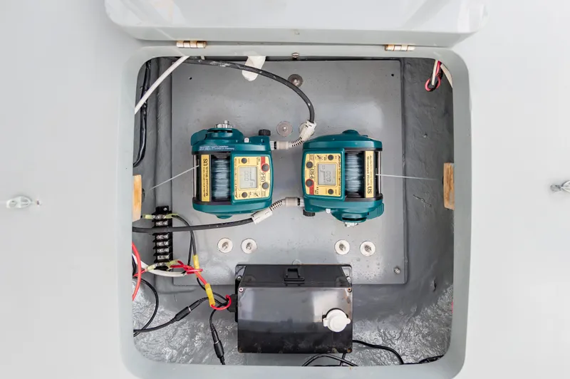 Fish Repellent Yacht Photos Pics Electrical compartment of 2000 Jarrett Bay 54 Convertible boat with wiring and equipment.