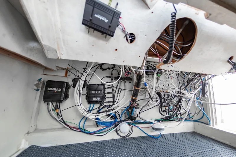 Fish Repellent Yacht Photos Pics Wiring and electronics inside a 2000 Jarrett Bay 54 Convertible boat.