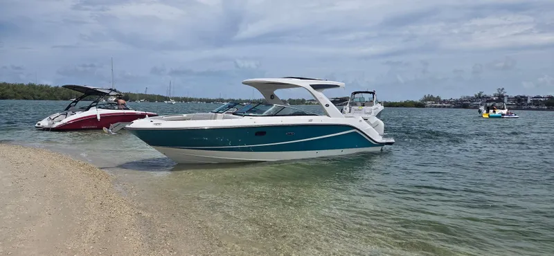  Yacht Photos Pics 2021 Sea Ray SLX 310 Outboard boat anchored on a sandy beach, with scenic water backdrop.