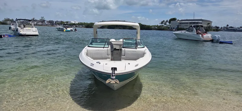  Yacht Photos Pics 2021 Sea Ray SLX 310 Outboard boat anchored on a sunny beach.
