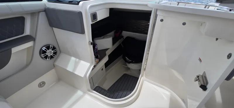  Yacht Photos Pics 2021 Sea Ray SLX 310 Outboard interior with open cabin door and visible amenities.