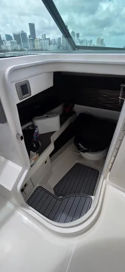  Yacht Photos Pics 2021 Sea Ray SLX 310 Outboard interior cabin with city skyline view.