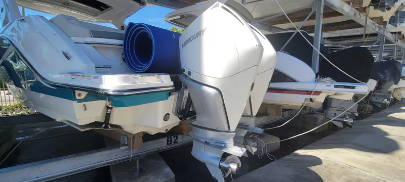  Yacht Photos Pics 2021 Sea Ray SLX 310 Outboard boats in storage, featuring powerful Mercury engines.