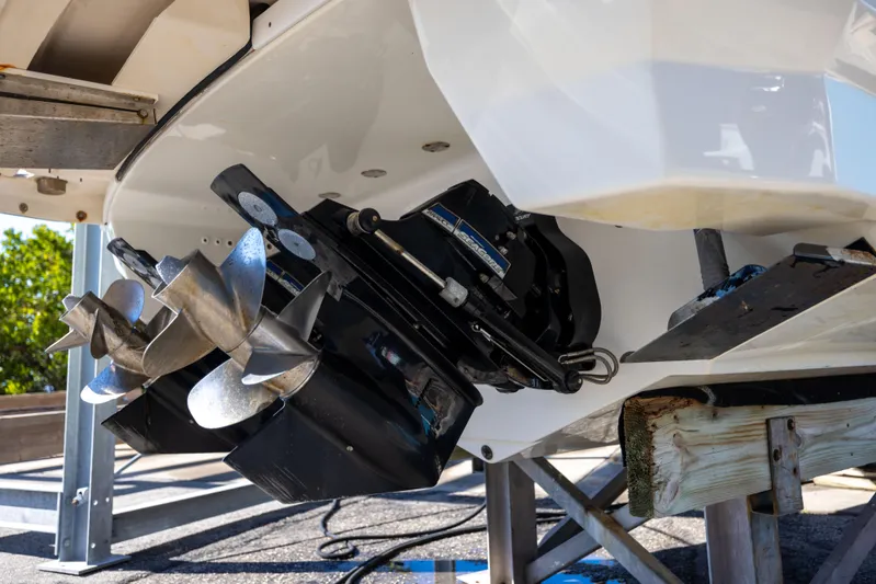 This Is It Yacht Photos Pics 2017 Formula 330 Crossover Bowrider boat propeller and stern drive detail.
