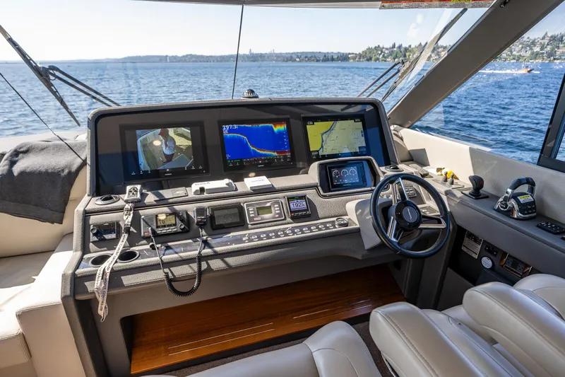 True North Yacht Photos Pics 2020 Maritimo M59 yacht helm with advanced navigation displays and luxurious seating.