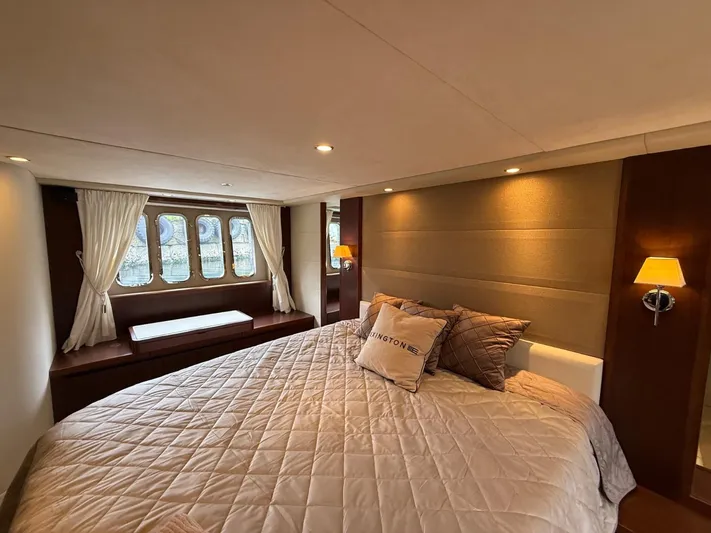  Yacht Photos Pics Luxurious bedroom interior of 2009 Princess V65 yacht with elegant bedding and ambient lighting.