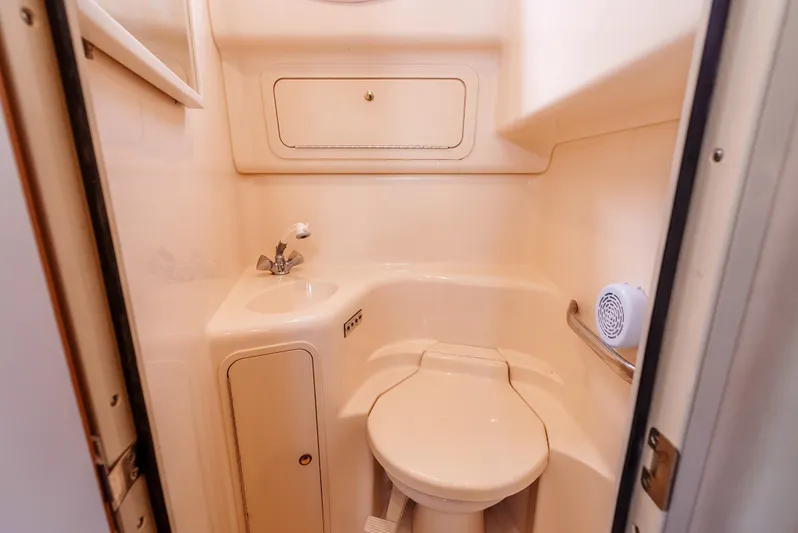 "carried Aweigh" Yacht Photos Pics 1999 Sea Ray 400 Sundancer bathroom with compact toilet and sink.