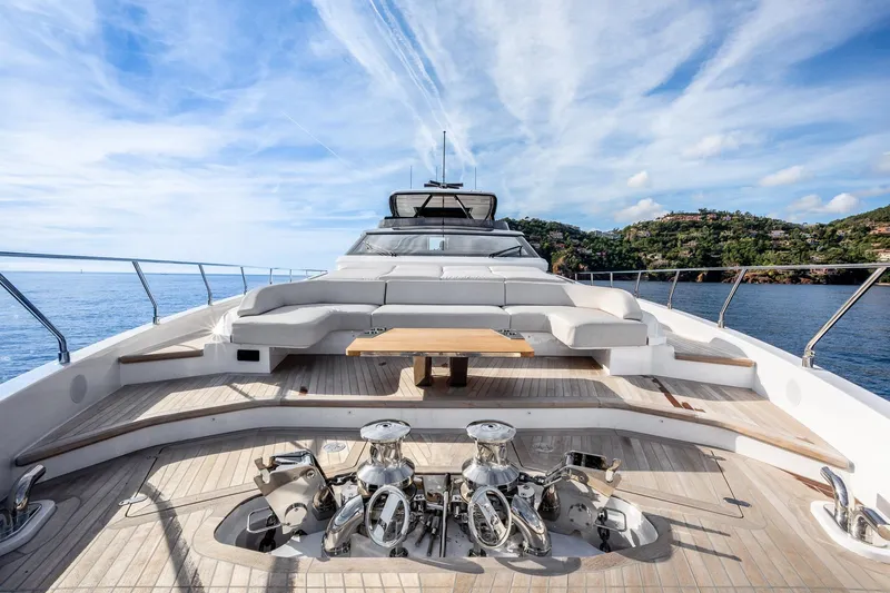 Together Yacht Photos Pics Luxurious 2025 Ferretti Yachts 940 deck with seating, ocean view, and clear skies.