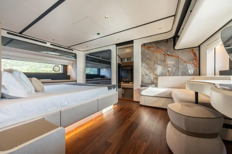Together Yacht Photos Pics Luxurious interior of 2025 Ferretti Yachts 940 with modern design and elegant furnishings.
