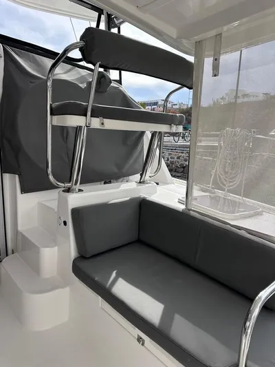 Seascape Yacht Photos Pics Interior of 2012 Leopard 39 yacht with gray seating and modern design.
