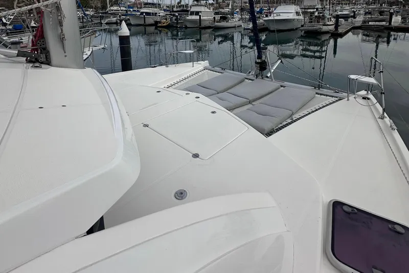 Seascape Yacht Photos Pics Leopard 39 catamaran deck, 2012 model, docked at marina with surrounding boats.