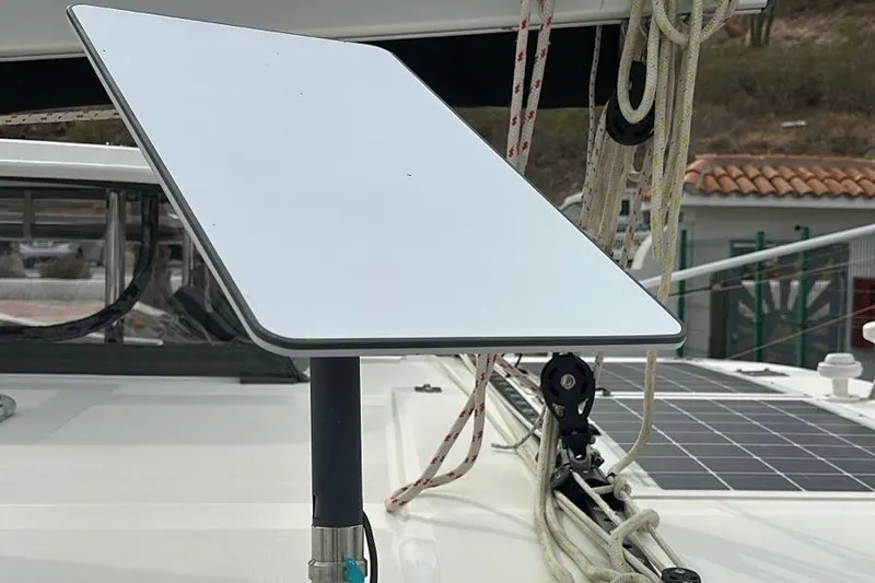 Seascape Yacht Photos Pics Satellite dish on 2012 Leopard 39 catamaran deck with solar panel and rigging.