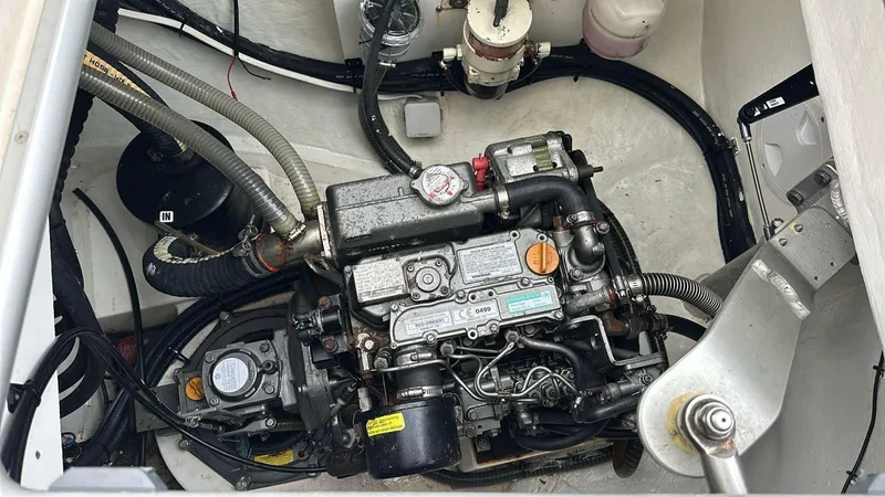 Seascape Yacht Photos Pics Engine compartment of a 2012 Leopard 39 boat, showing detailed mechanical components.