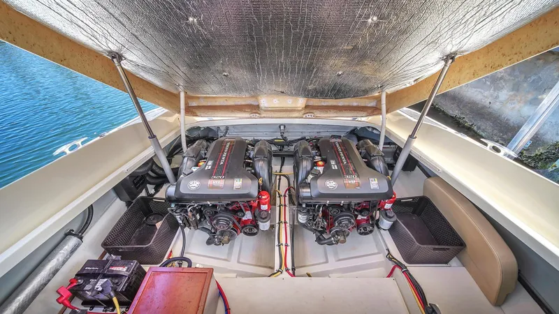 Levi Yacht Photos Pics Engine compartment of 2013 Chris-Craft Launch 32 boat with dual engines.