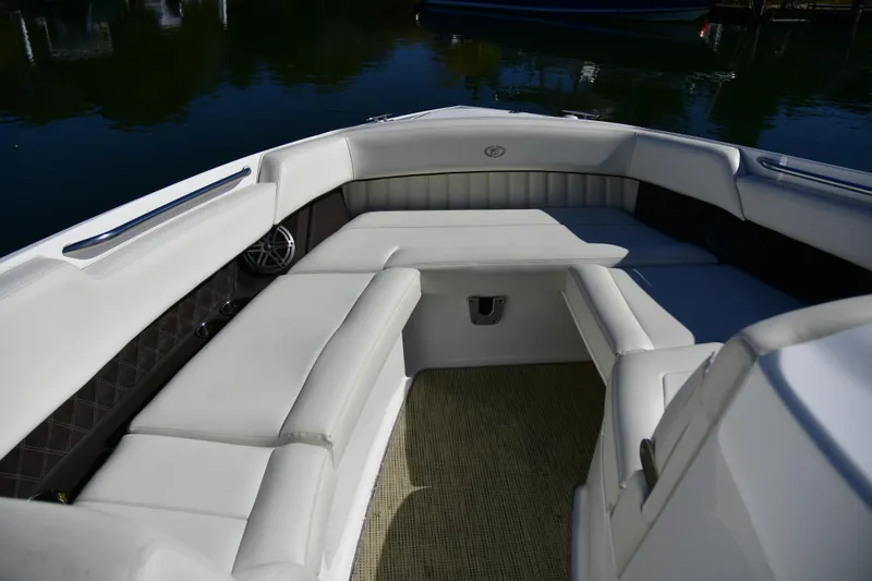  Yacht Photos Pics 2016 Cobalt 336 boat interior with white seating and elegant design.