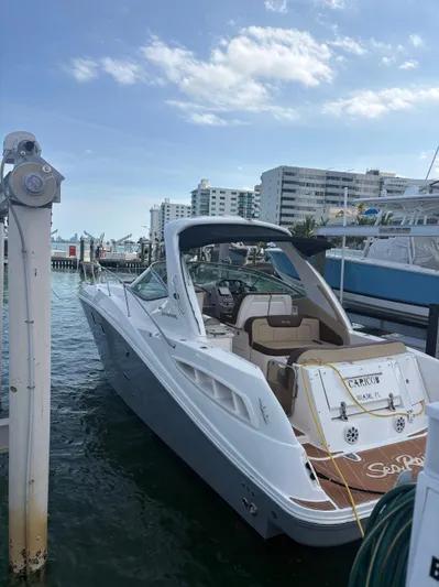  Yacht Photos Pics 2008 Sea Ray 330 Sundancer docked at marina with cityscape background.