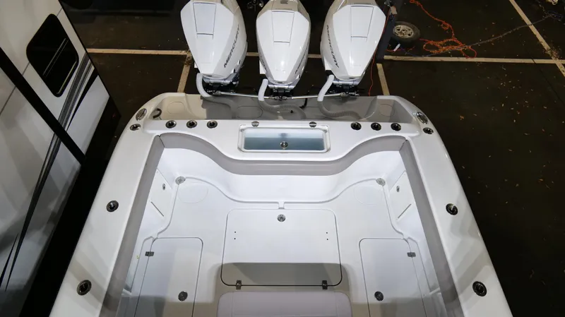 Engine Warranty X Trailer Yacht Photos Pics 2022 Yellowfin 34 boat with triple outboard engines, spacious deck layout.