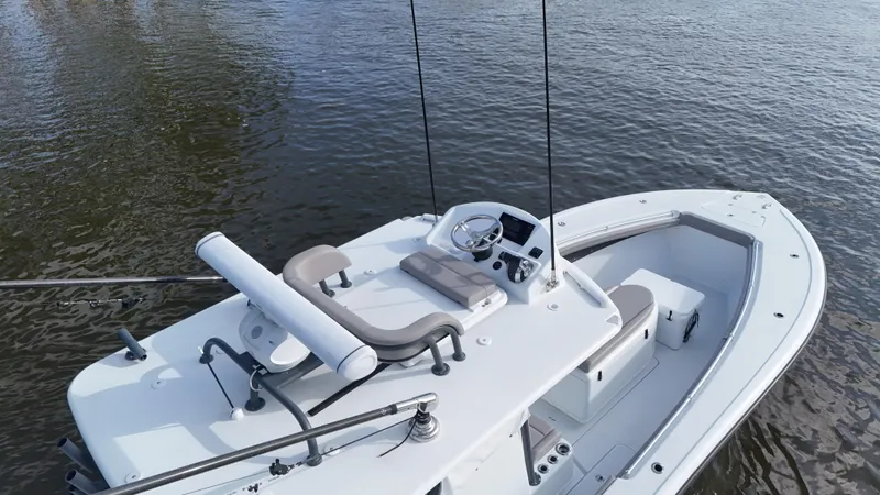 Engine Warranty X Trailer Yacht Photos Pics 2022 Yellowfin 34 boat on calm water, featuring a sleek design and modern console.