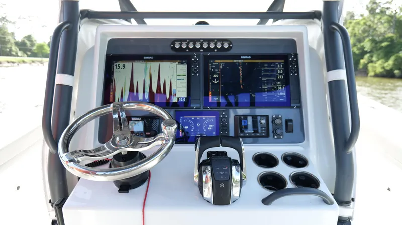 Engine Warranty X Trailer Yacht Photos Pics 2022 Yellowfin 34 boat dashboard with advanced navigation and control systems.