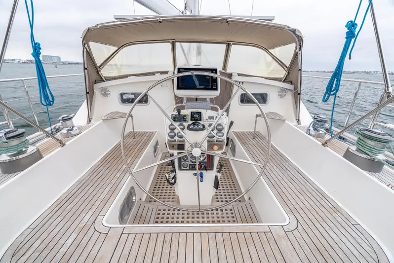 Luka Yacht Photos Pics 1997 Farr 60 Pilot House yacht cockpit with steering wheel and navigation equipment.