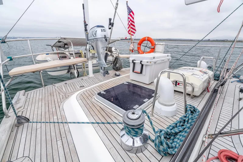 Luka Yacht Photos Pics Deck of 1997 Farr 60 Pilot House yacht with equipment and American flag.