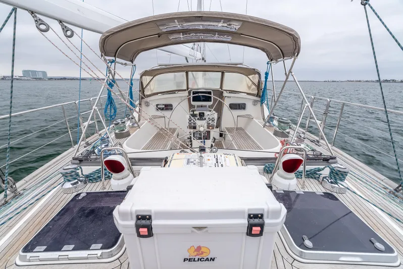 Luka Yacht Photos Pics 1997 Farr 60 Pilot House yacht deck with Pelican cooler, ocean view.