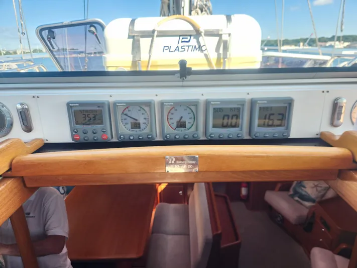 Bonnefooi Yacht Photos Pics Control panel of a 2008 Hallberg-Rassy 62 yacht with navigation instruments.